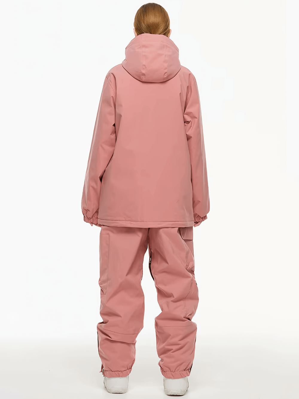 Back view of unisex pink ski jacket and pants set, SF2564, featuring a hooded design for snowboarding and skiing adventures.