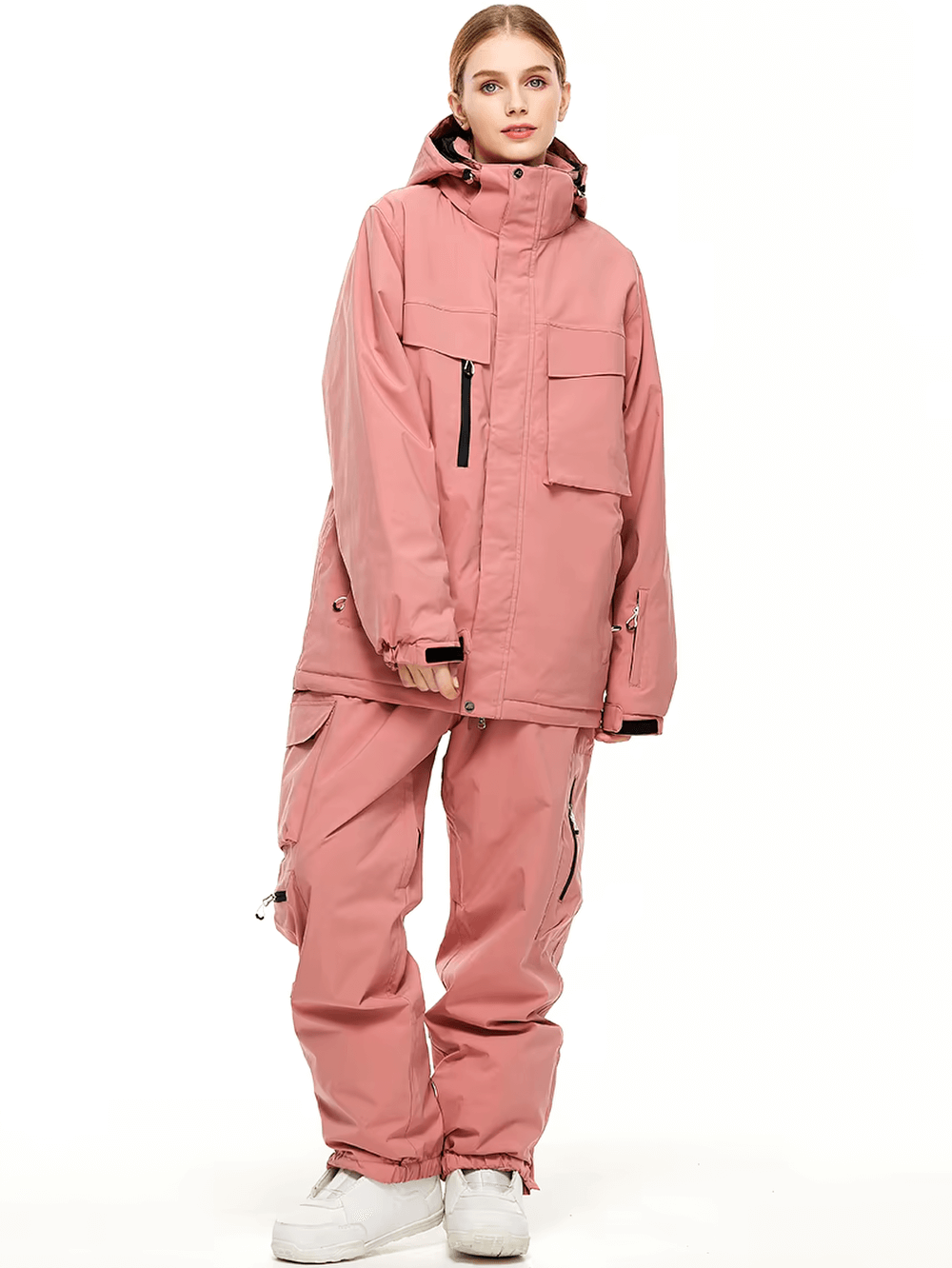 Unisex breathable pink ski jacket and pants set, perfect for skiing or snowboarding with windproof and waterproof features.