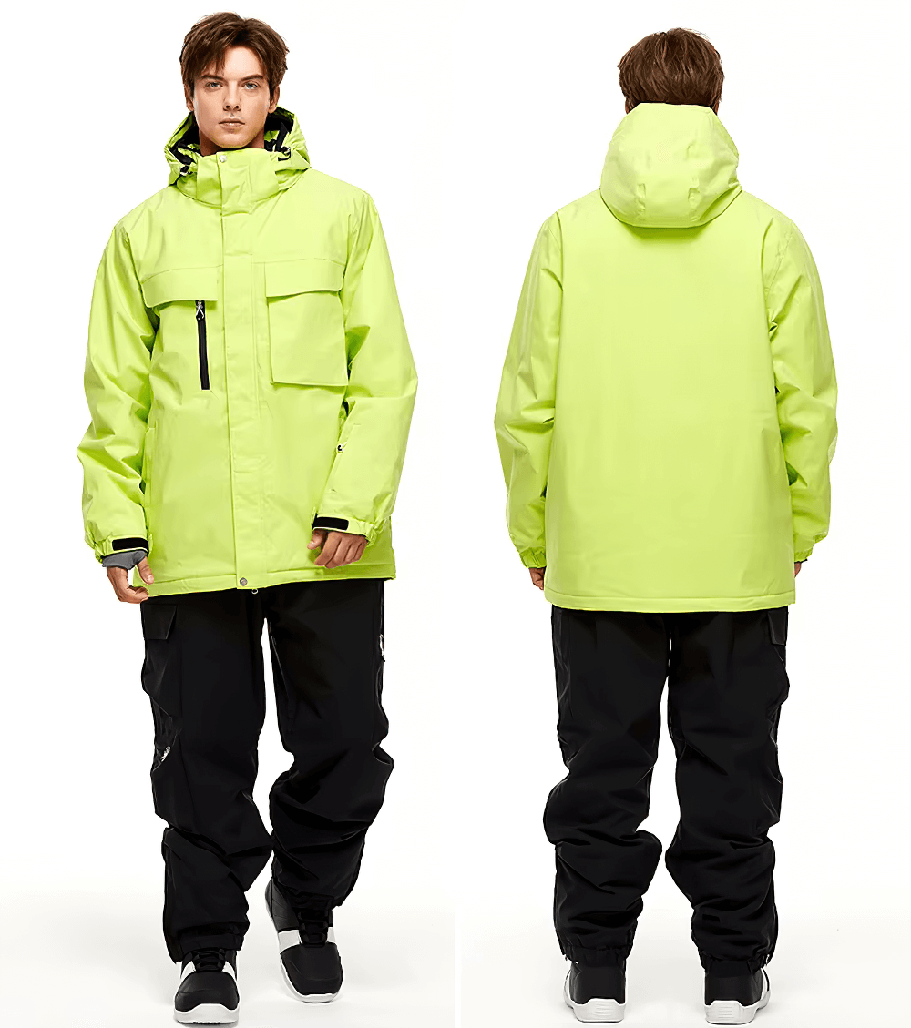 Unisex breathable skiing jacket and pants in lime green, shown front and back, perfect for snowboarding with windproof, waterproof design.