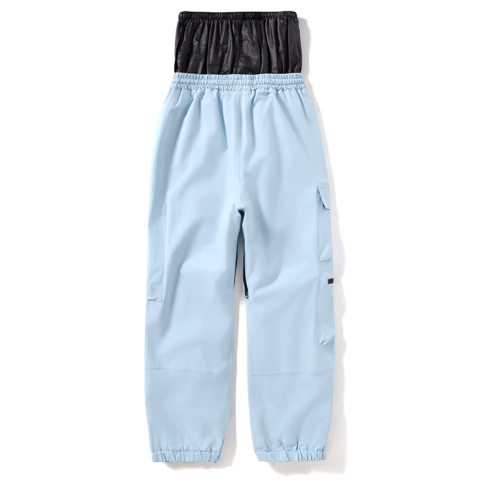 Light blue waterproof ski pants with black elastic waistband, perfect for snowboarding and skiing adventures. Durable and breathable design.