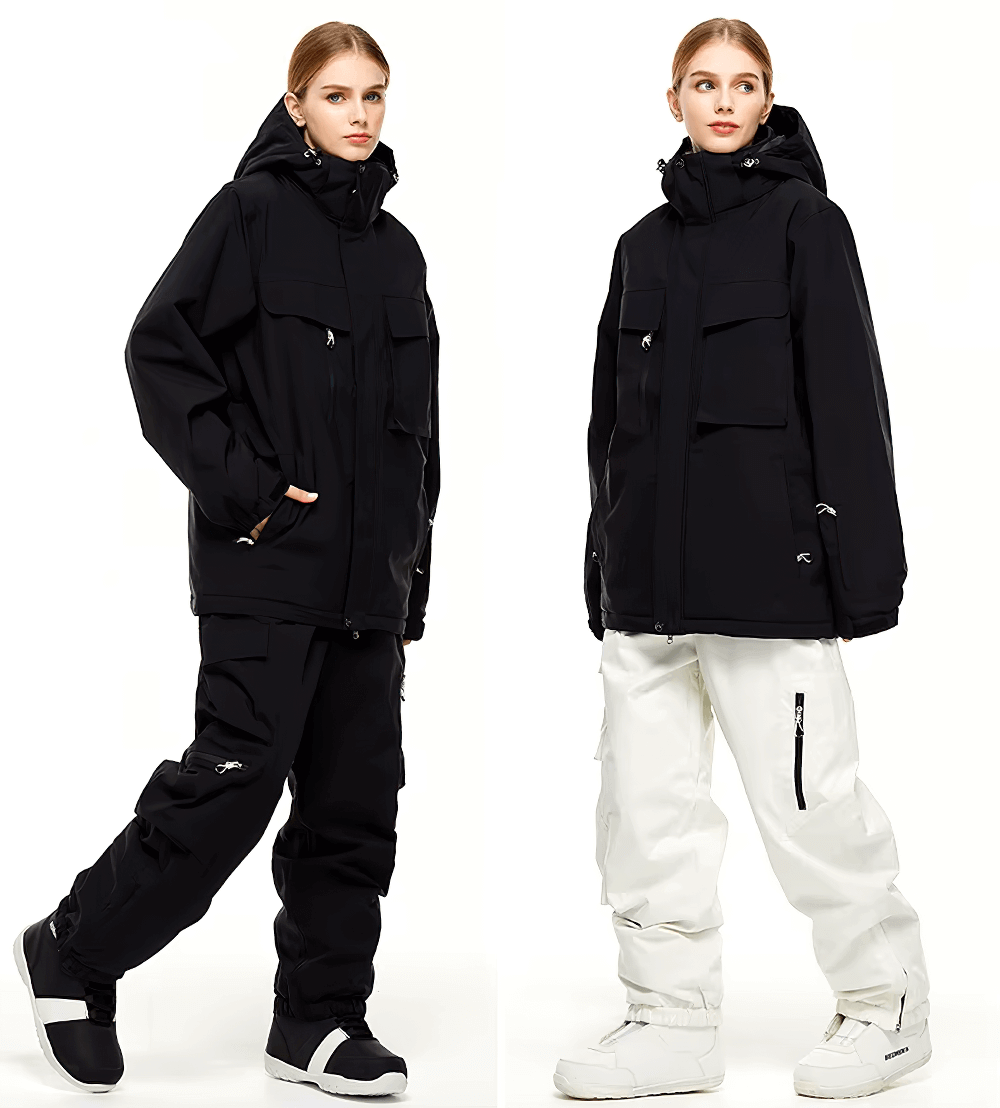 Unisex breathable skiing jackets and pants set in black and white, featuring windproof and waterproof hooded design for snowboarding.