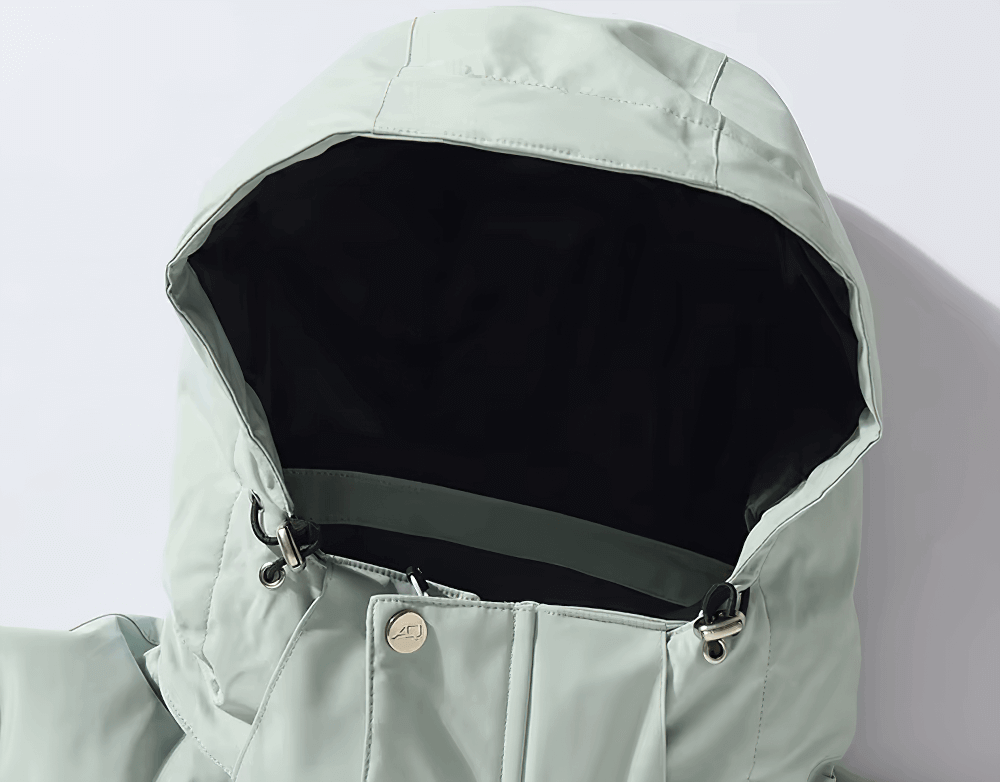 Unisex breathable ski jacket with hood in green, showcasing windproof and waterproof features for skiing and snowboarding adventures.