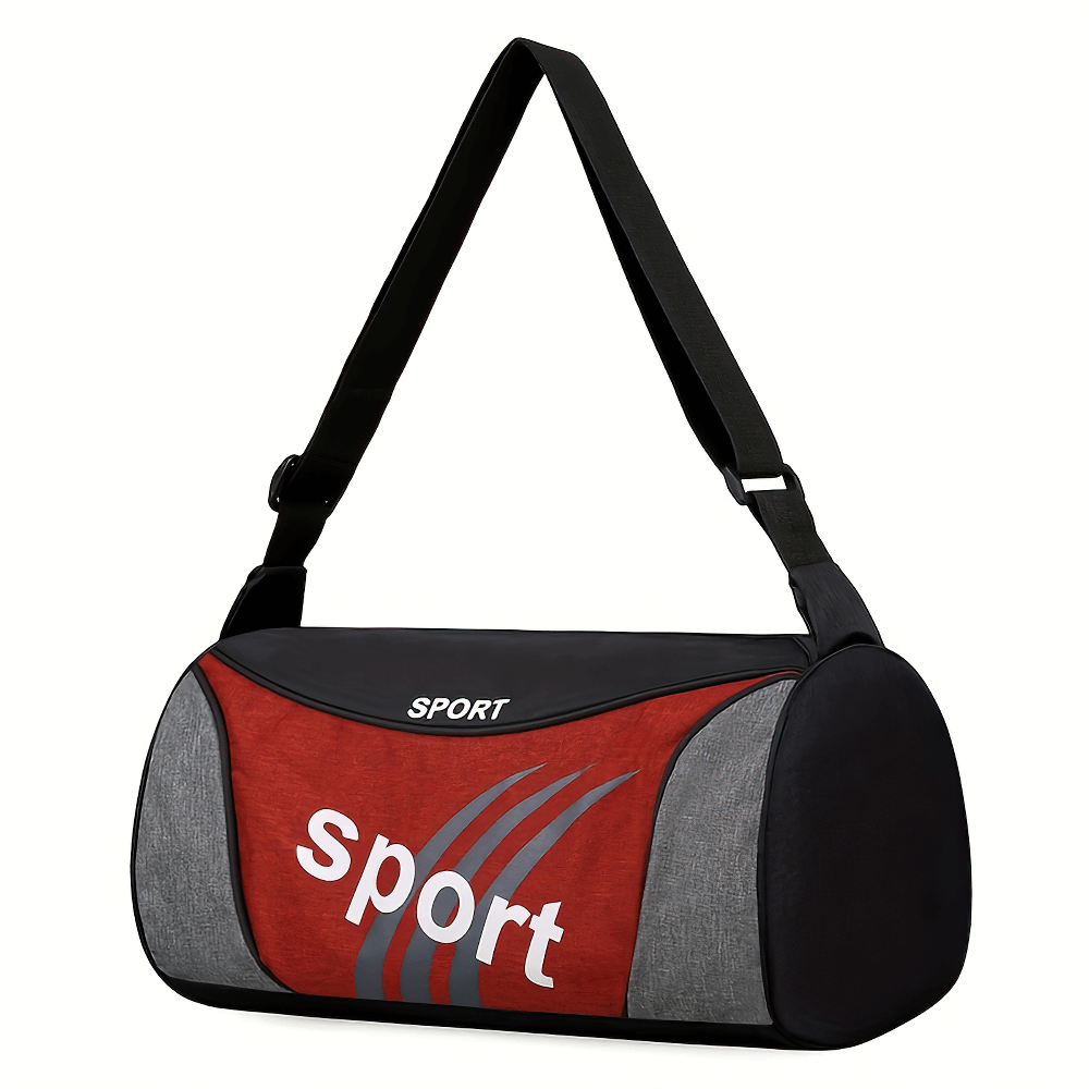 Unisex compact sport and travel messenger bag in red and gray with adjustable strap, perfect for gym trips and outdoor activities.