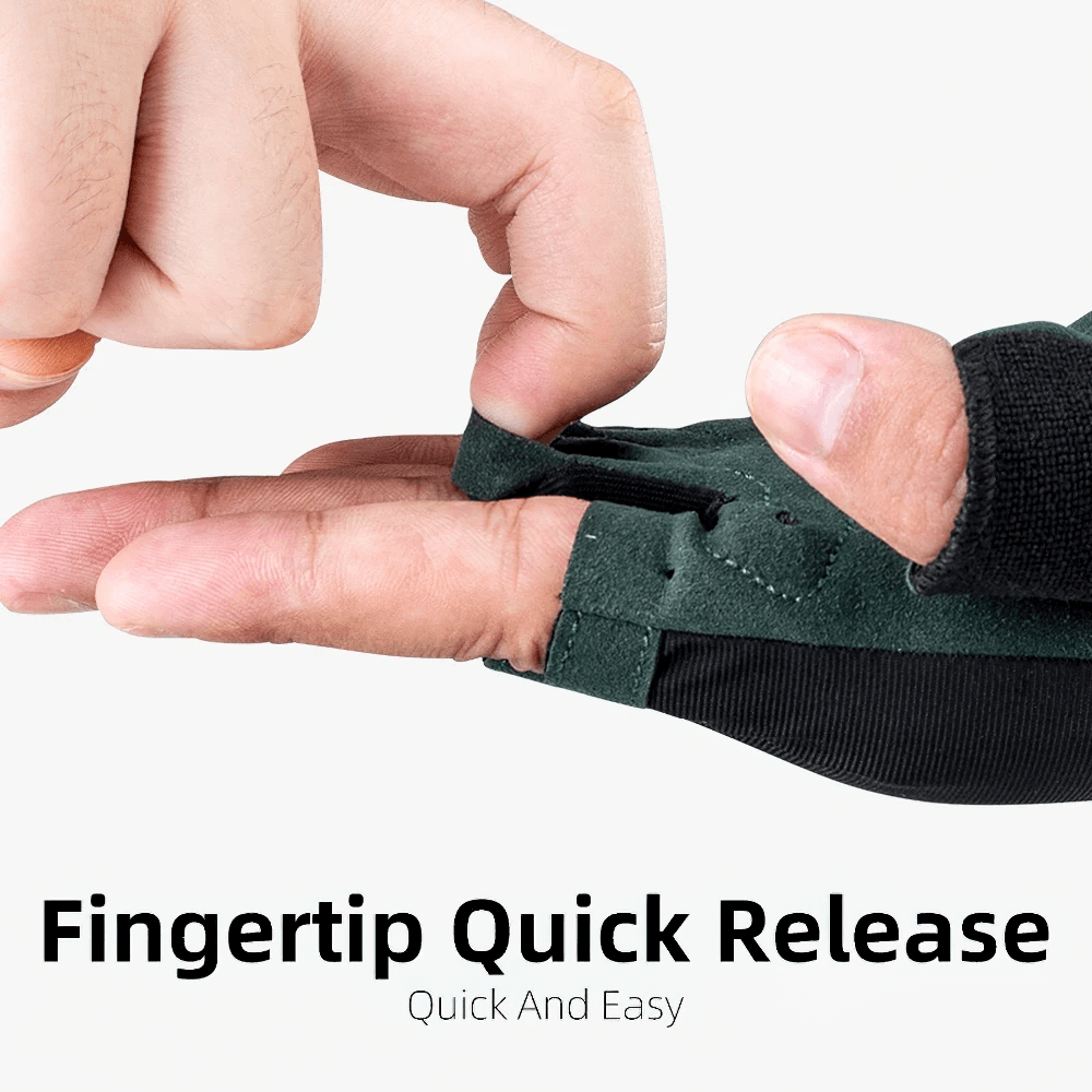 Finger pulling tab of green half-finger cycling glove for easy quick release.