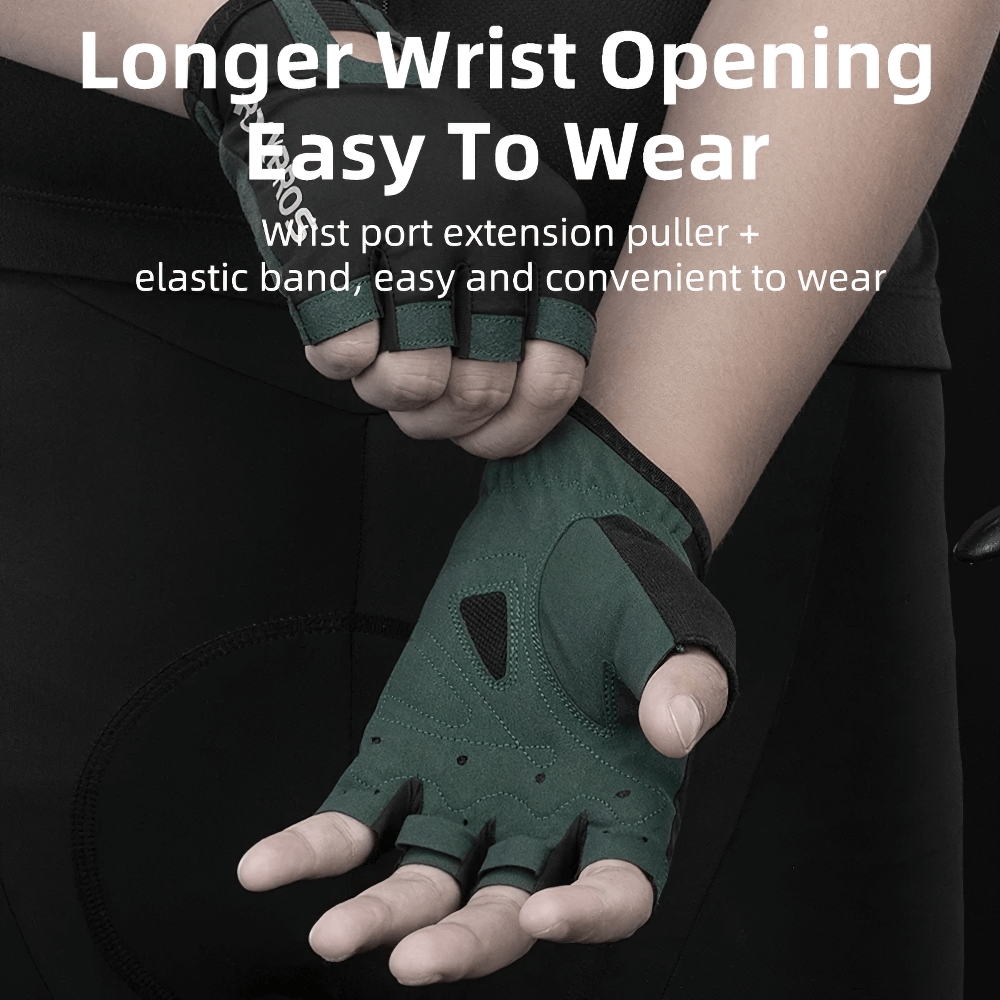 Green breathable half-finger cycling gloves SF2627 with longer wrist opening for easy wear, showcasing enhanced grip and comfort.