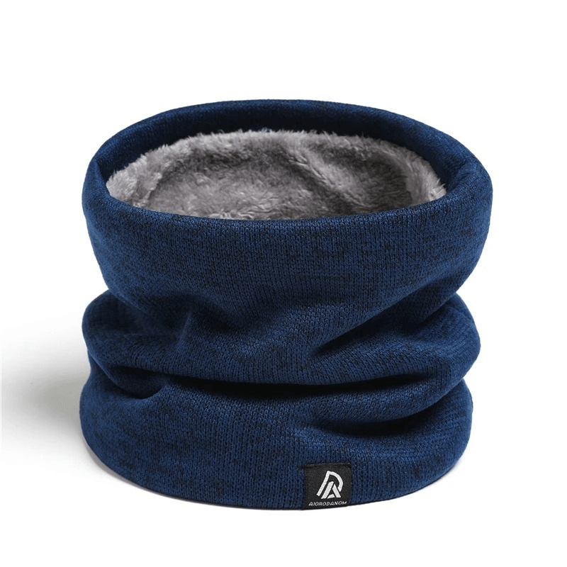Cozy blue fleece-lined knitted neck warmer, perfect for winter, featuring a stylish ring design. Ideal for keeping snug.