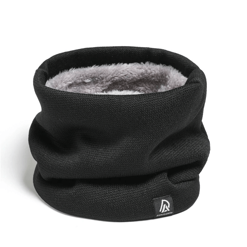 Unisex fleece-lined knitted neck warmer in black with soft interior, perfect for winter fashion and casual outings.