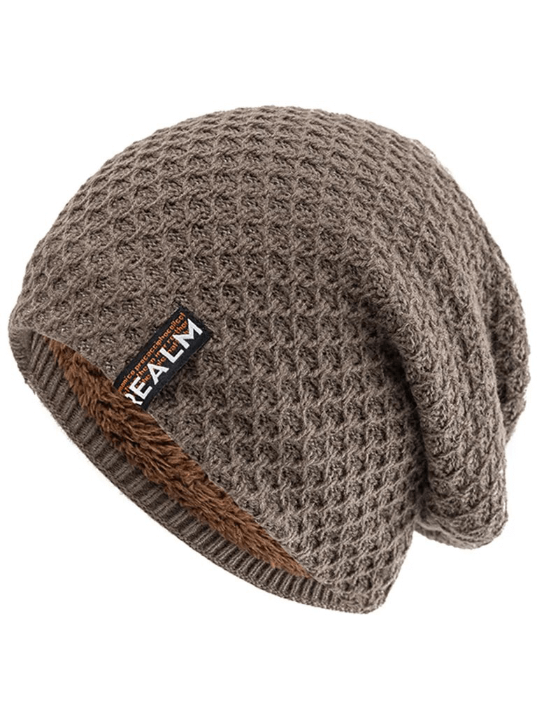 Unisex thermal lined knitted hat with letter label decor, acrylic material, dot pattern, warm outdoor beanie - SF1669