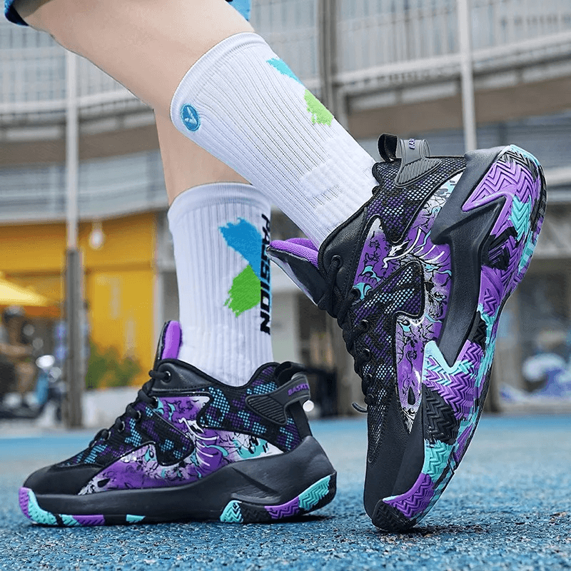 Unisex lightweight breathable non-slip sports sneakers in purple, black, and turquoise, perfect for active lifestyles. SF1902 model.