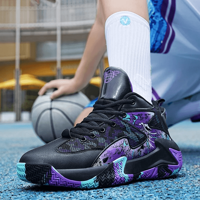 Unisex sports sneakers SF1902 with black and purple design, perfect for basketball, featuring non-slip rubber outsoles.