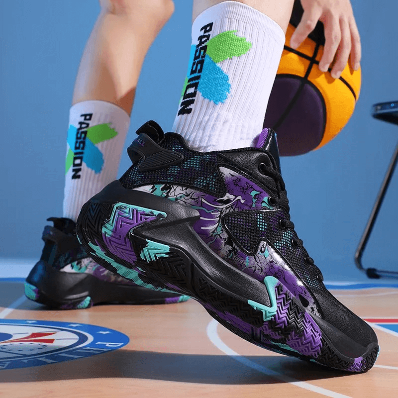 Unisex lightweight breathable non-slip sports sneakers SF1902 in action on basketball court, showcasing vibrant design and grip.