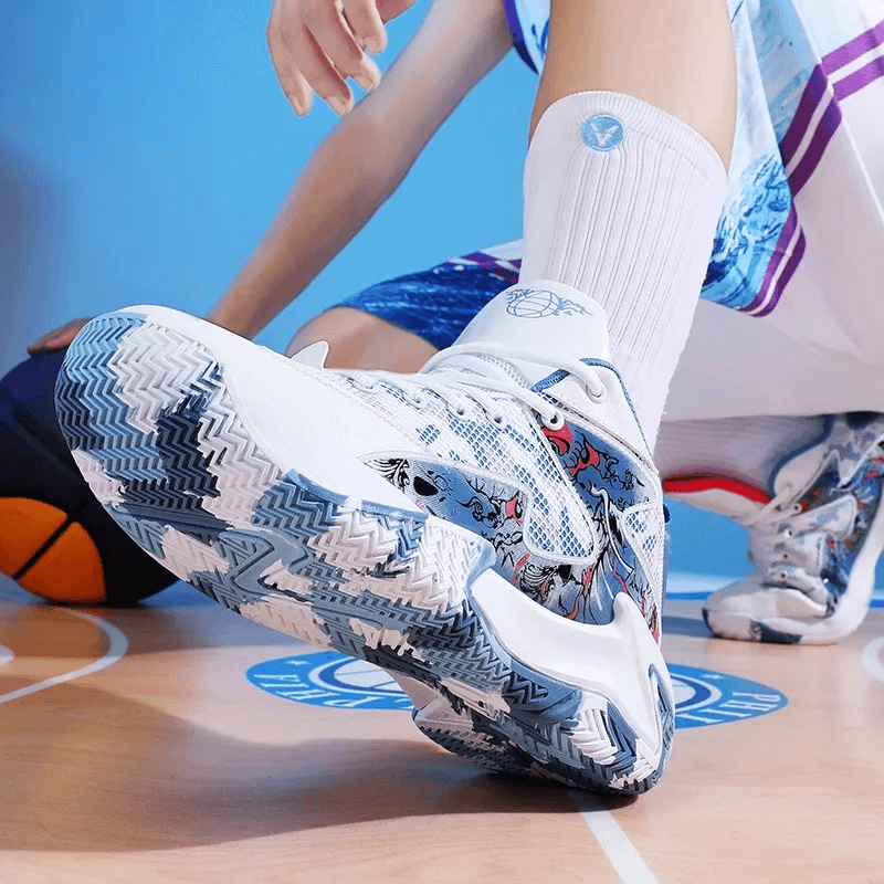 Unisex lightweight breathable non-slip sports sneakers on basketball court showcasing unique sole design and comfort features.