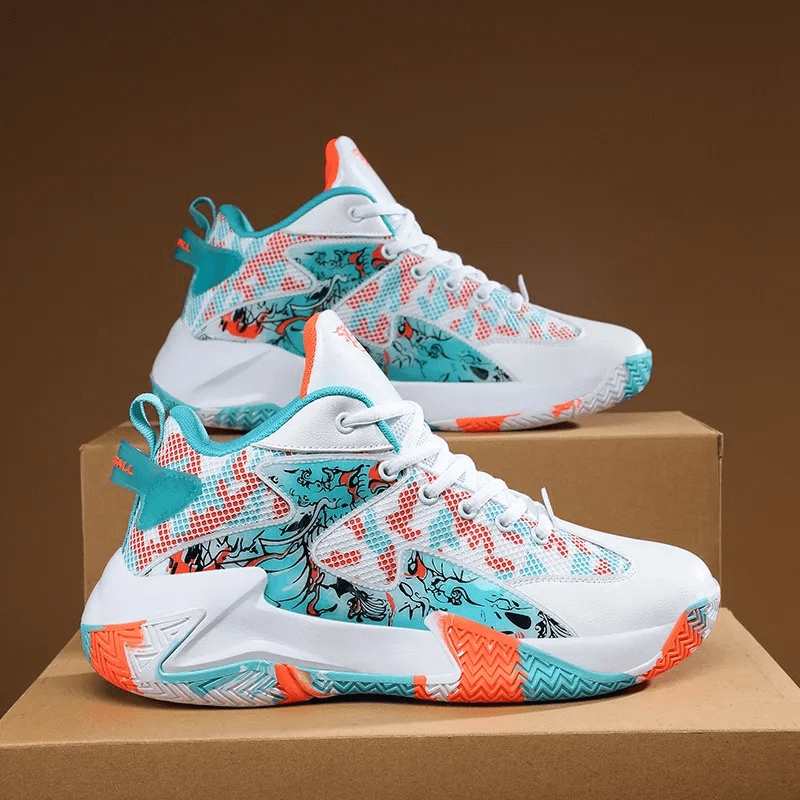 Colorful high-top sports sneakers with unique patterns, showcasing vibrant design and comfort for active lifestyles.
