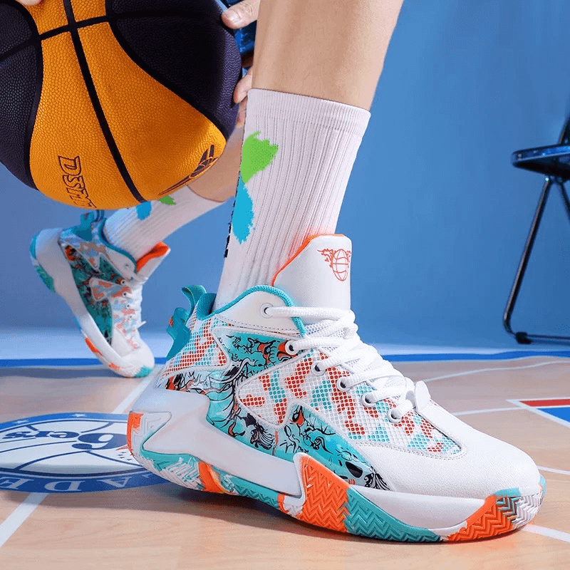 Person wearing colorful non-slip sports sneakers with basketball, perfect for active lifestyle and comfort.