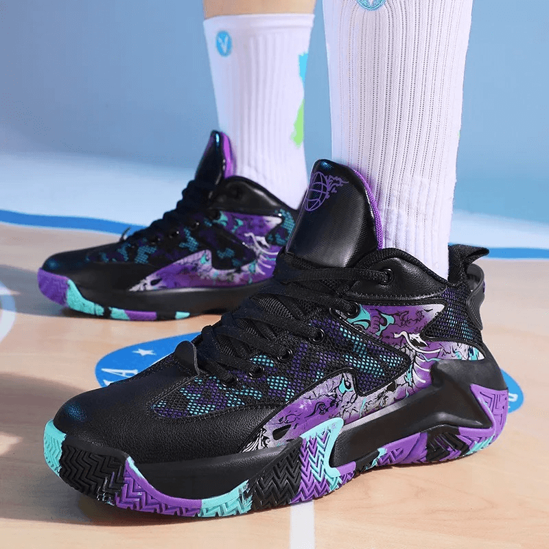 Unisex lightweight breathable non-slip sports sneakers SF1902 with nylon material, PU upper, and vibrant design on a basketball court.
