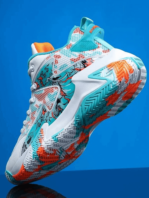 Unisex SF1902 sneakers with vibrant teal, orange design, high upper, breathable mesh, non-slip outsole showcased against blue background.