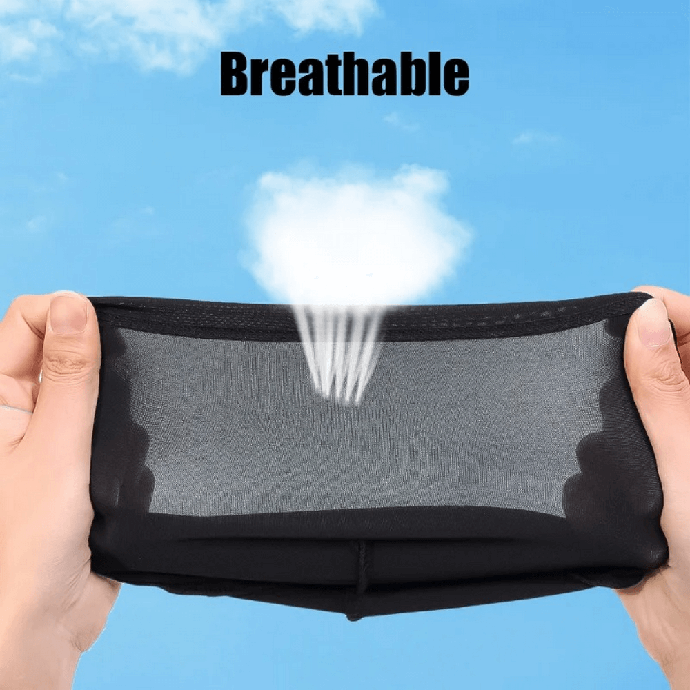 Hands stretching breathable Unisex Lightweight Quick-Dry Sports Skull Cap, highlighting airflow and comfort against a blue sky background.