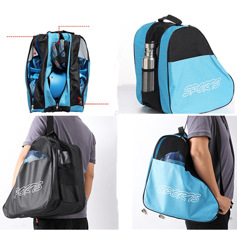 Unisex Portable Mesh Bag for Roller Skates with Compartments, shown in black and blue, displaying storage capabilities, SF1486 model.