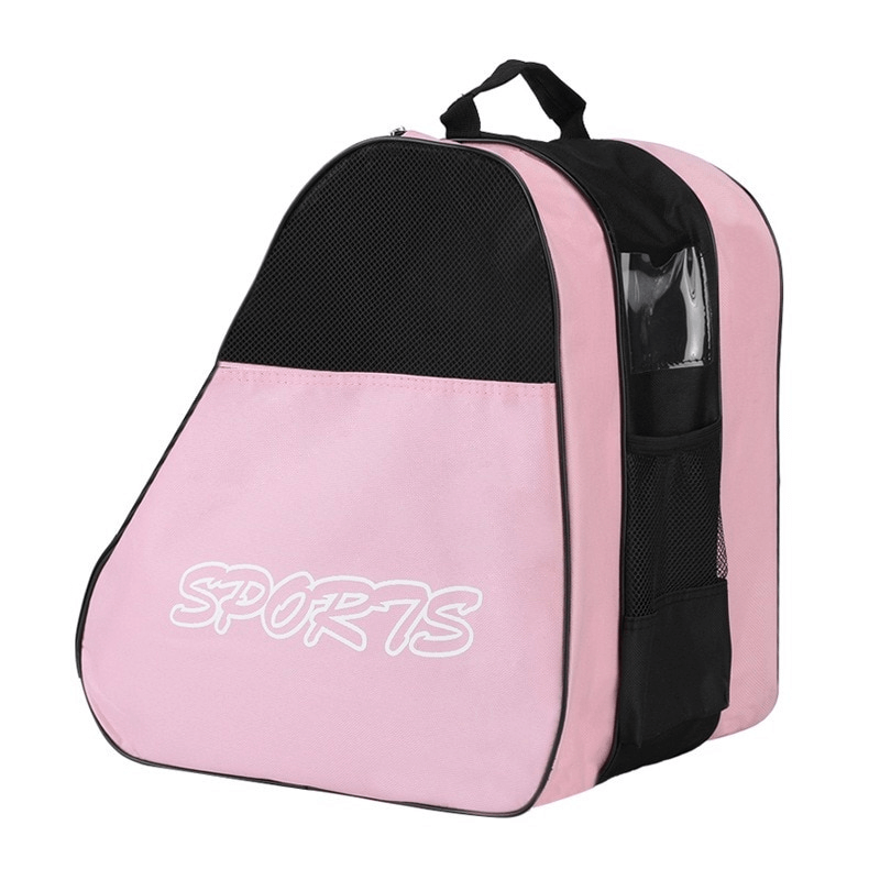 Pink unisex portable mesh bag for roller skates with compartments, perfect for sports enthusiasts. Stylish and practical design.