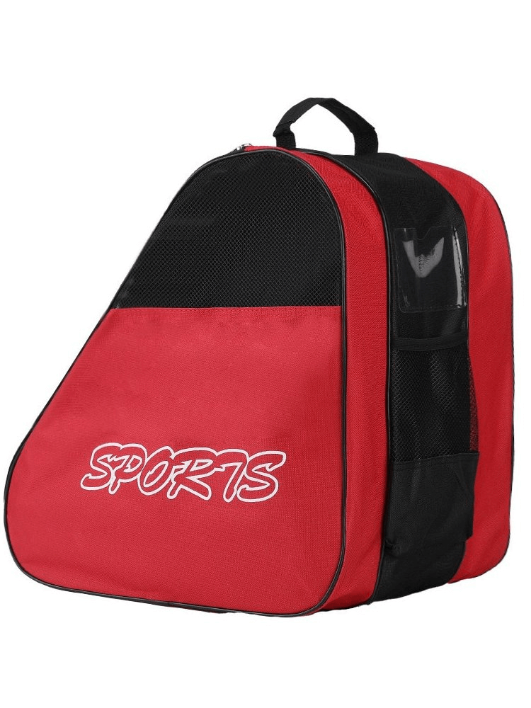 Red unisex portable mesh bag for roller skates with compartments, stylish and functional design for skaters.
