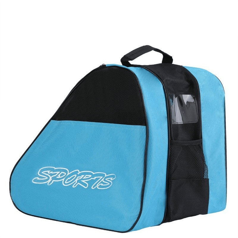 Unisex portable blue mesh bag for roller skates with compartments, ideal for protective gear and easy skate access.