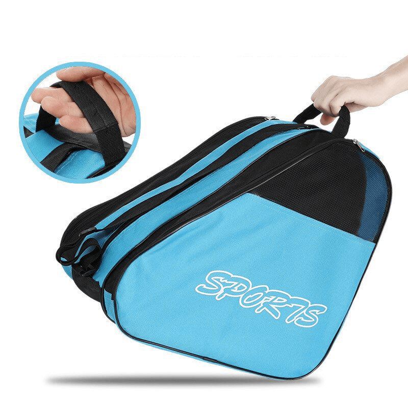 Person carrying a blue unisex portable mesh bag SF1486 for roller skates, featuring multiple compartments and 'Sports' print.