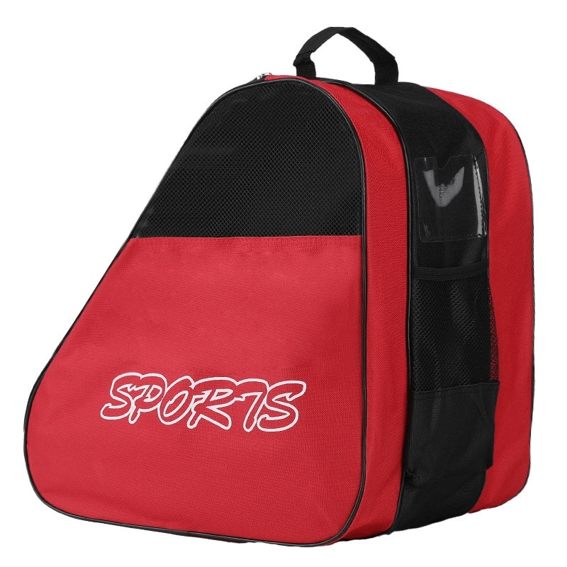 Red unisex portable mesh bag for roller skates with "Sports" text, features multiple compartments and side pockets for gear storage.