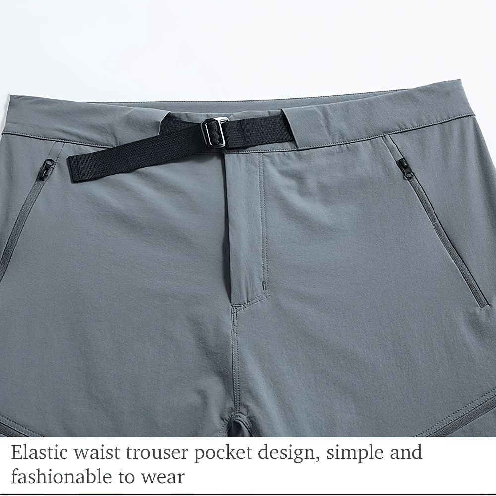 Alt Tag: Unisex Quick Dry Hiking and Trekking Trail Shorts - SF4461 close-up of elastic waist tab, buckle strap, and zip pockets—trail-ready style