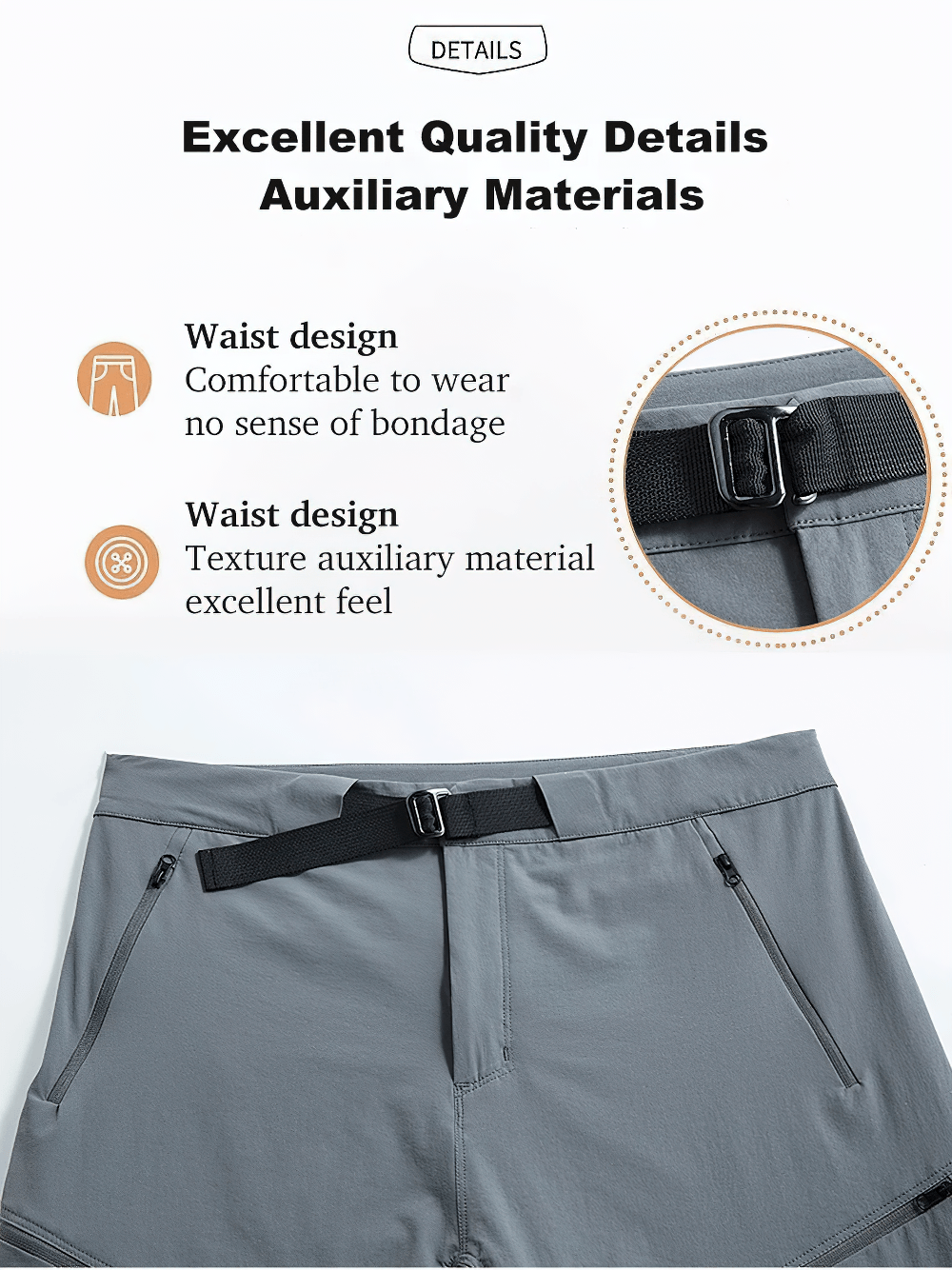 Alt Tag: Unisex Quick Dry Hiking and Trekking Trail Shorts - SF4461 adjustable waist tab and zip pockets close-up, comfy fit for trekking