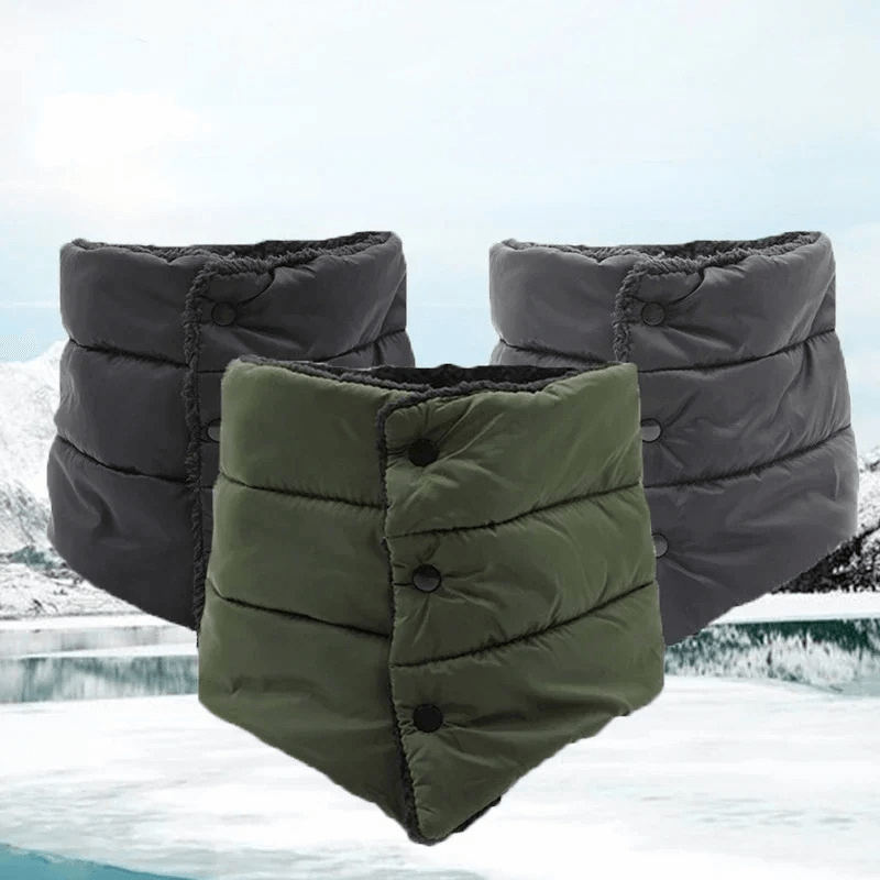 Unisex snap button padded puffer scarves in gray and green, versatile for warmth and style, perfect for winter outdoor activities.