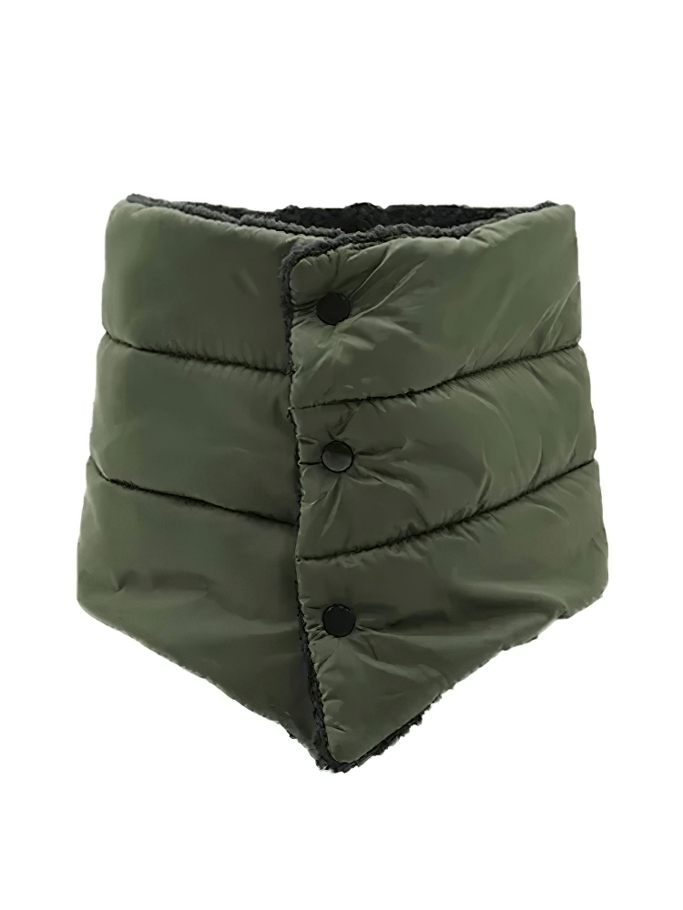 Unisex snap button padded puffer scarf SF2016 in olive green with fleece lining, perfect for fall winter warmth and style.