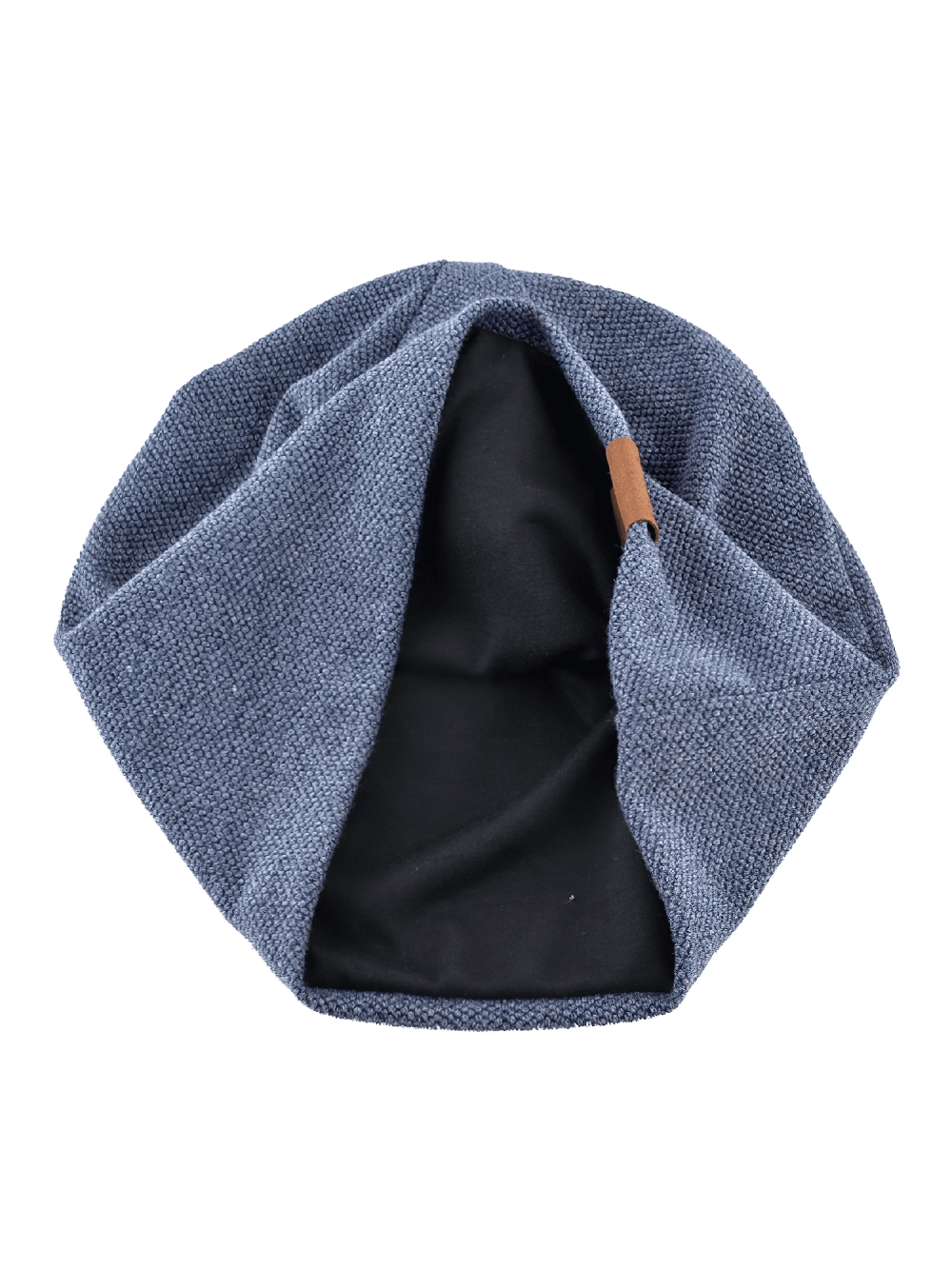 Blue unisex solid color knit beanie with stylish leather tag, ideal for casual wear and modern hip-hop fashion.