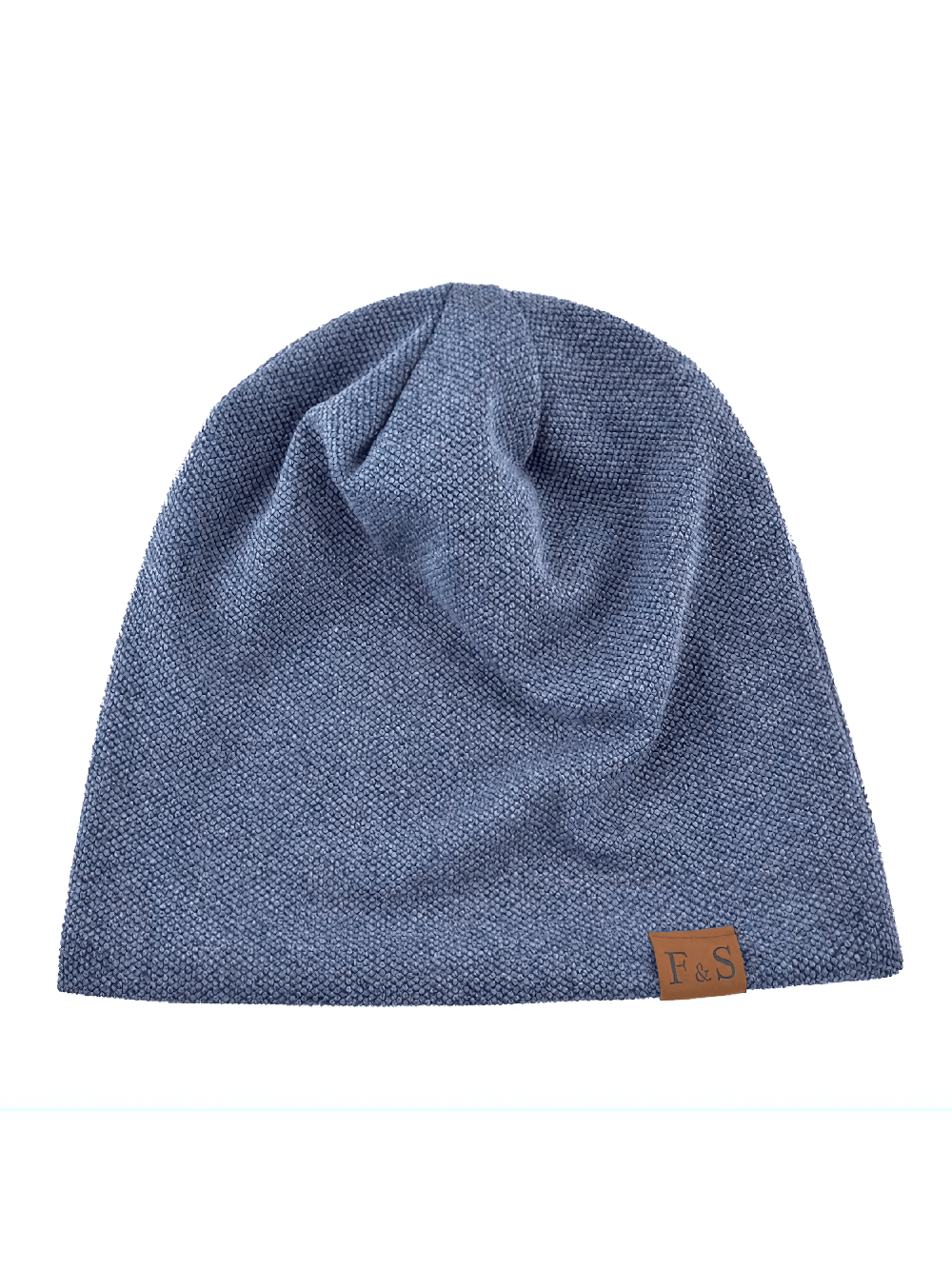 Unisex solid color knit beanie with leather tag, perfect for casual wear. Lightweight and stylish skull cap for all seasons.