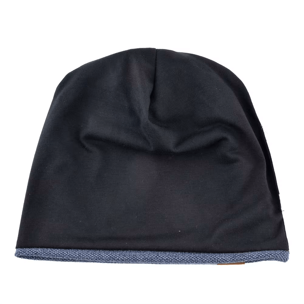 Black unisex knit beanie with leather tag, perfect for casual wear and spring days. Stylish, modern skull cap adds hip-hop touch.