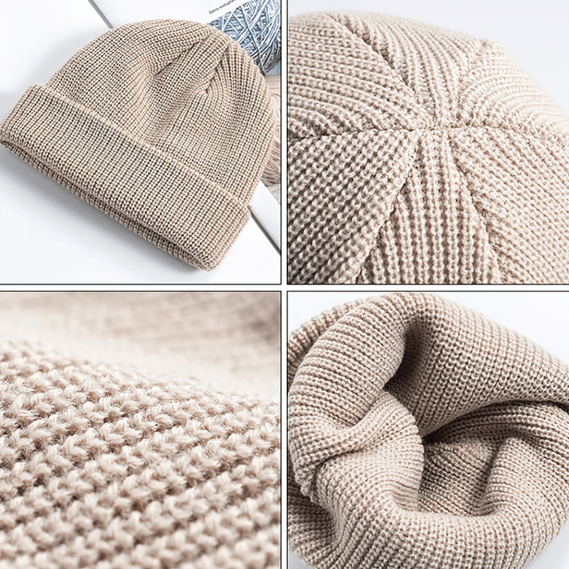 Unisex solid color warm knitted brimless hat, SF1393, featuring a soft beige cotton fabric and close-up detailing of the texture.