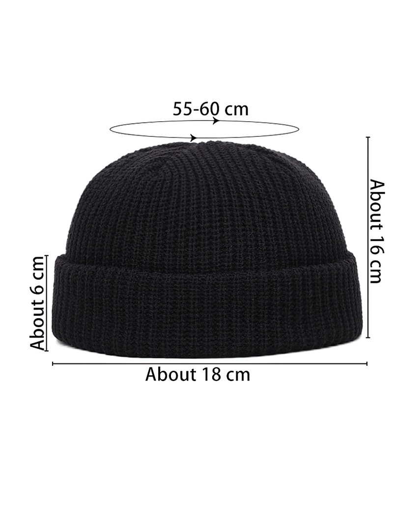 Black unisex solid color knitted brimless hat SF1393 with measurements: 55-60cm circumference, 16cm height, 6cm edge, 18cm width.