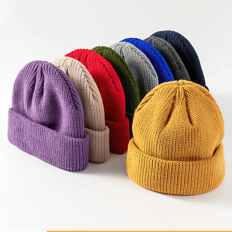 Colorful unisex solid warm knitted brimless hats SF1393, made of soft cotton, ideal for outdoor activities, keeping heads and ears cozy.