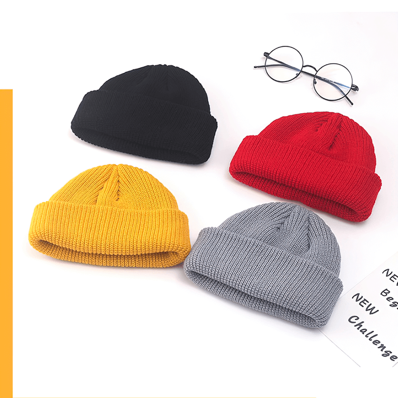 Unisex warm knitted brimless hats in black, red, yellow, and gray, made of soft cotton for outdoor activities. SF1393 Solid Color Skullies.