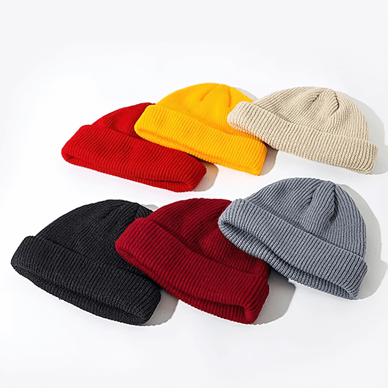 Colorful unisex knitted brimless hats, ideal for outdoor activities, made from soft cotton. Available in red, yellow, beige, black, and gray.