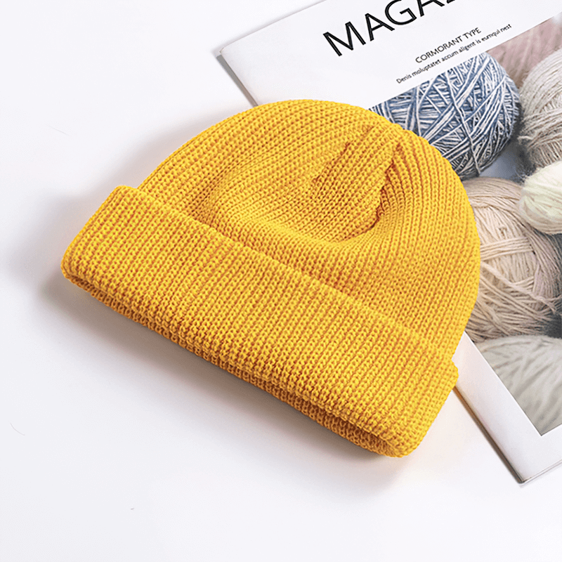 Yellow unisex solid color warm knitted brimless hat, perfect for travel and outdoor activities, crafted from soft cotton - SF1393.