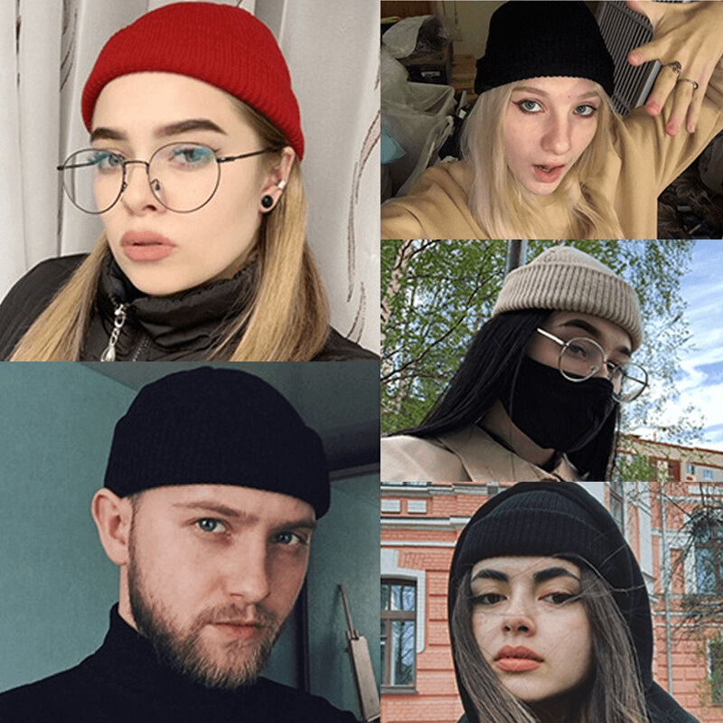 Stylish individuals wearing unisex solid color warm knitted brimless hats in various colors, perfect for winter warmth.
