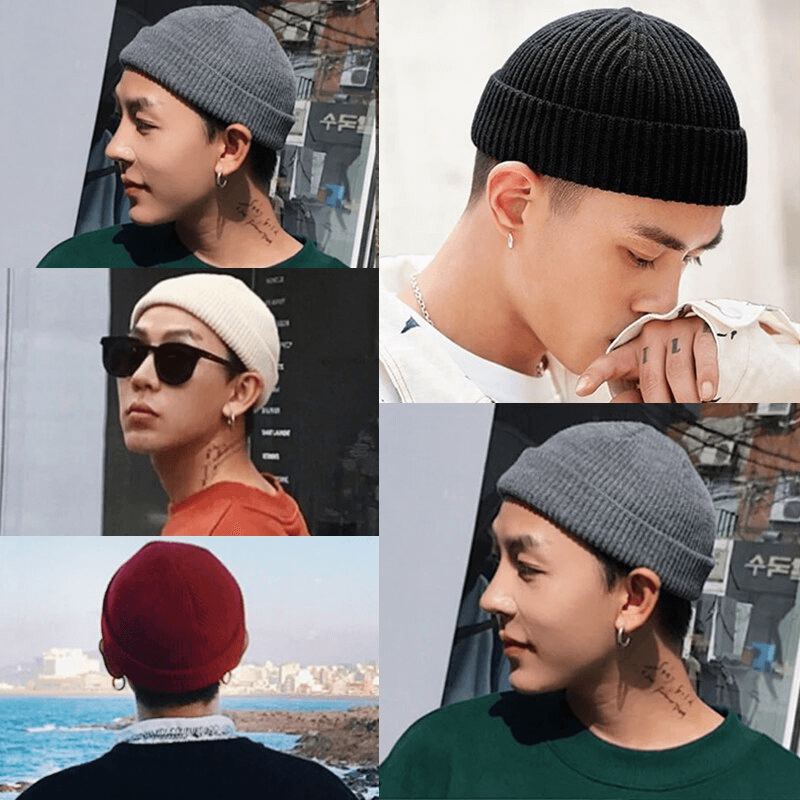 Unisex solid color warm knitted brimless hats in various styles and colors, perfect for keeping warm outdoors.