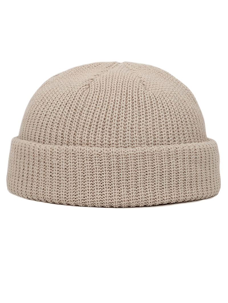 Unisex solid color warm knitted brimless hat SF1393 in beige, perfect for outdoor warmth and style, made of soft cotton.