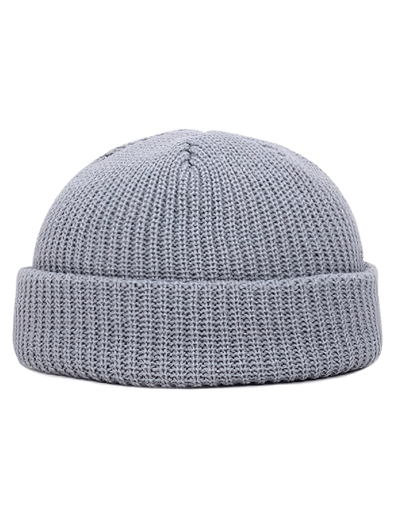 Gray unisex solid color warm knitted brimless hat made of soft cotton, ideal for outdoor activities. Keeps head and ears cozy. SF1393.