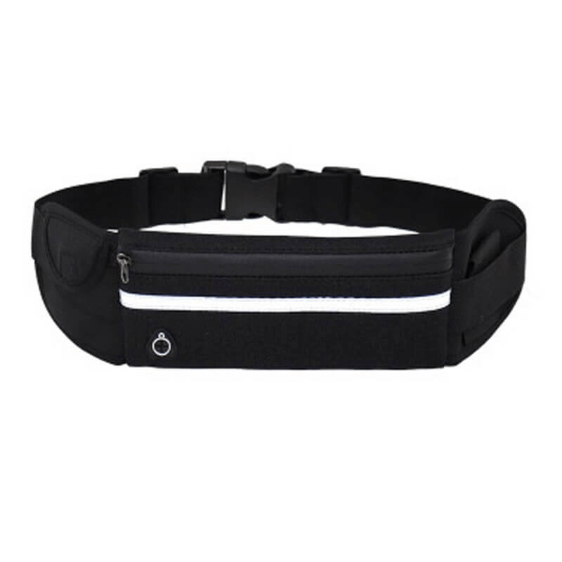 Unisex sports waist bag SF0387 for running and cycling, black with adjustable straps, waterproof belt, and phone holder.