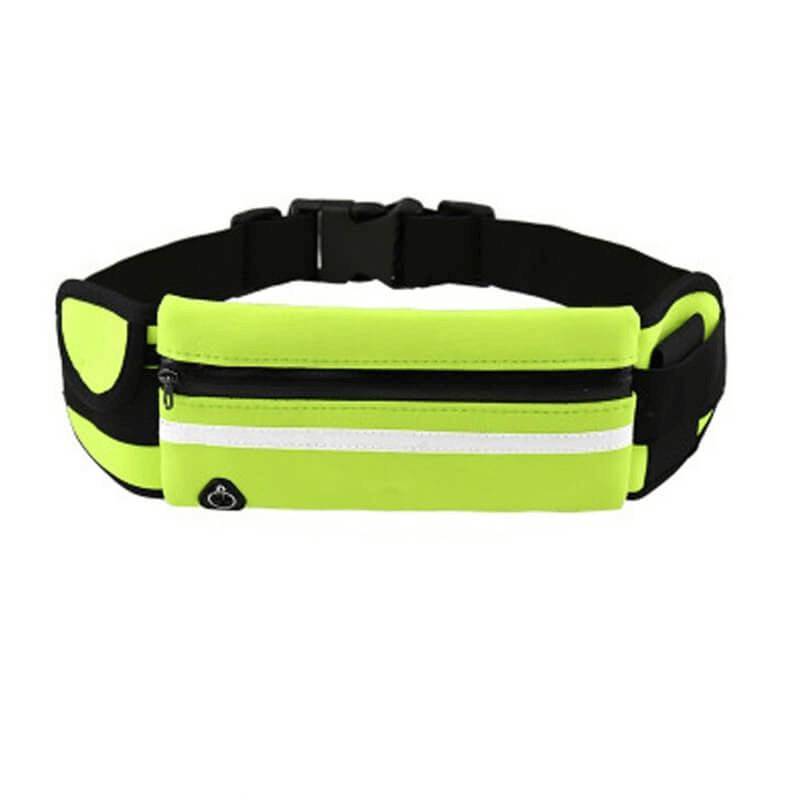 Bright green unisex sports waist bag for running and cycling with waterproof polyester and adjustable straps.