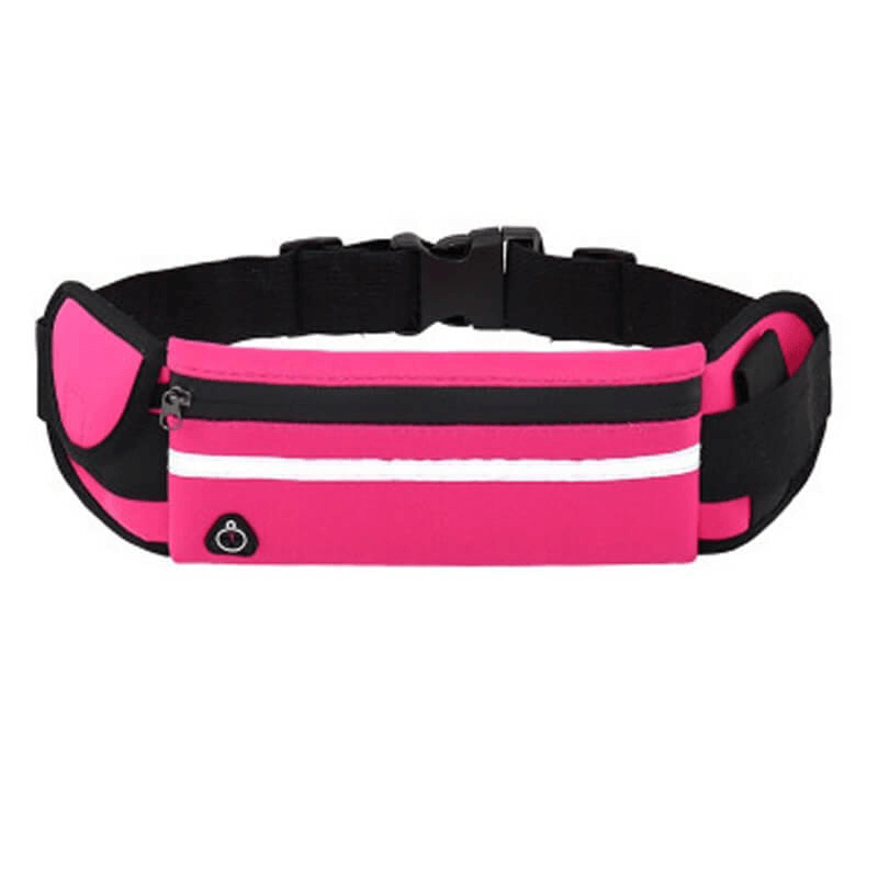 Pink unisex sports waist bag for running and cycling, featuring waterproof belt, adjustable straps, and portable phone holder.
