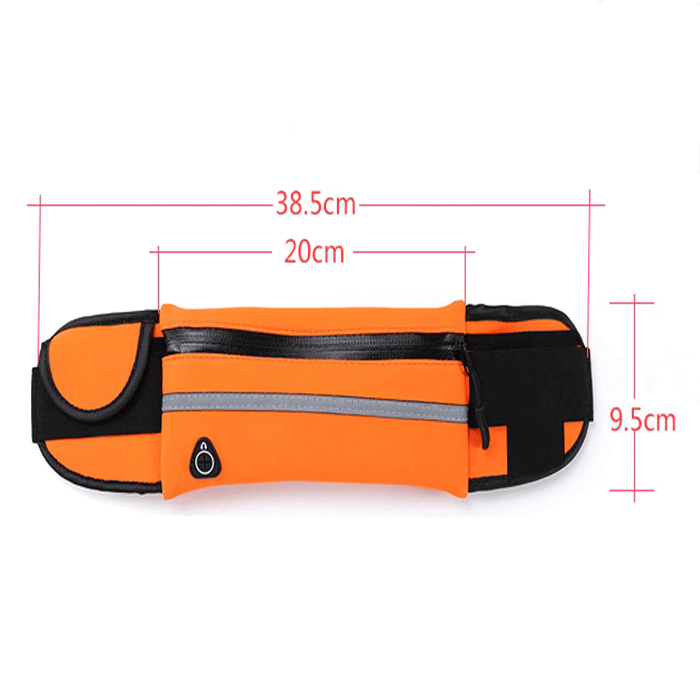 Orange unisex sports waist bag for running and cycling with adjustable straps, measuring 38.5cm x 20cm x 9.5cm, featuring a secure zipper.