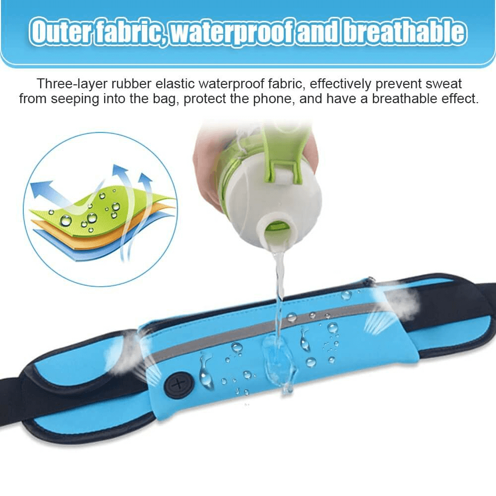 Blue sports waist bag with waterproof and breathable fabric, demonstrating water resistance feature using pouring water test.