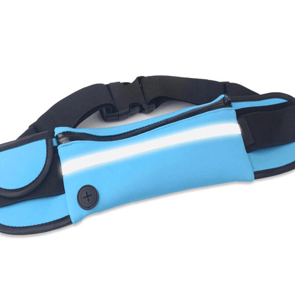 Blue unisex sports waist bag for running and cycling with waterproof belt and adjustable straps, ideal for outdoor activities.